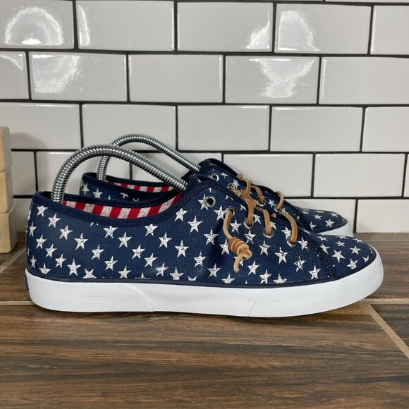 Sperry Pier View Womens Size 9 Shoes Blue Canvas White Stars Slip On Sneaker - Picture 3 of 12